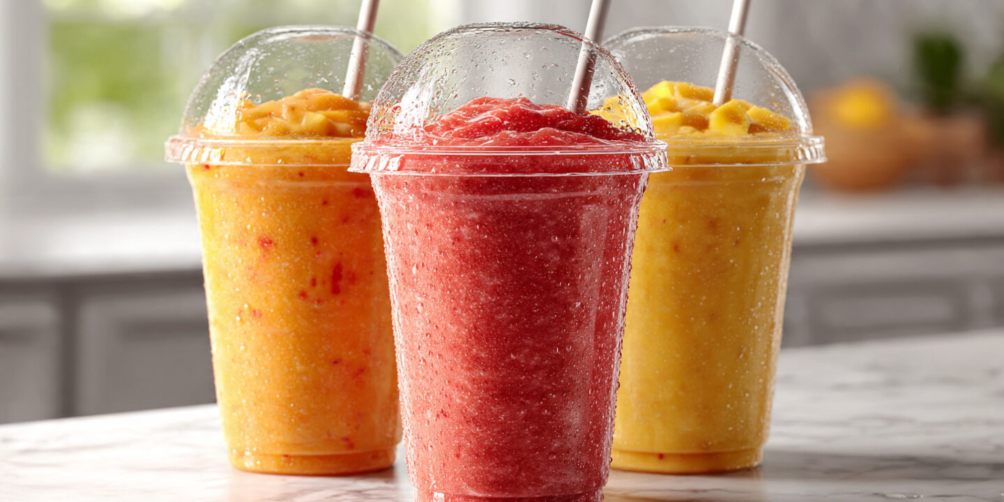 Three colorful, refreshing smoothie cups.