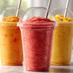 Three colorful, refreshing smoothie cups.