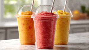 Three colorful, refreshing smoothie cups.
