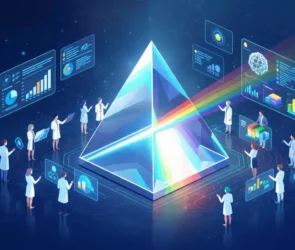 Scientists analyzing data around prism