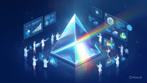 Scientists analyzing data around prism