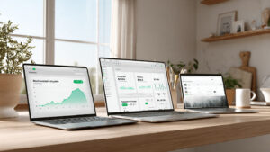 photorealistic workspace with three modern laptops How To Make - Anything